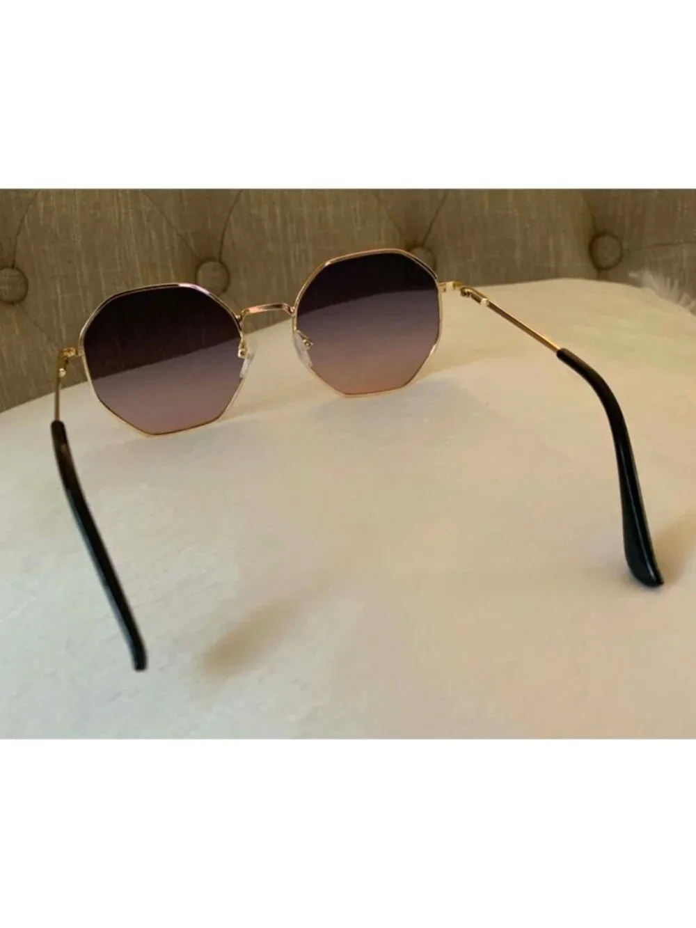Unisex Octagonal Gold Metal Frame Gradient Blue to Pink Lens Sunglasses